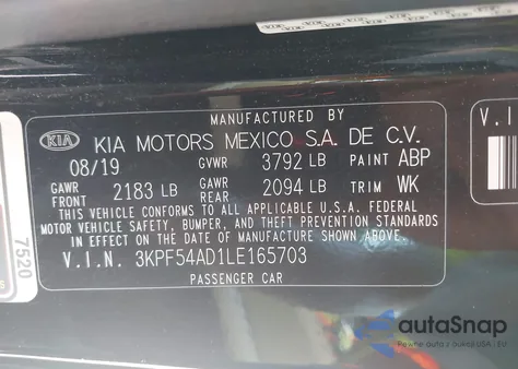 2020 Kia Forte Ex z USA, uszkodzony, nr VIN 3KPF54AD1LE165703